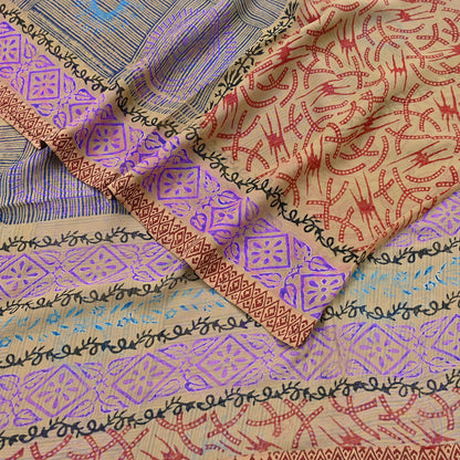Indian Vintage Sari Beige Pure Georgette Silk Block Printed Sarees Craft Fabric Sewing 5Yd Soft Sari Dress Making Crafting Quilting Upcycle