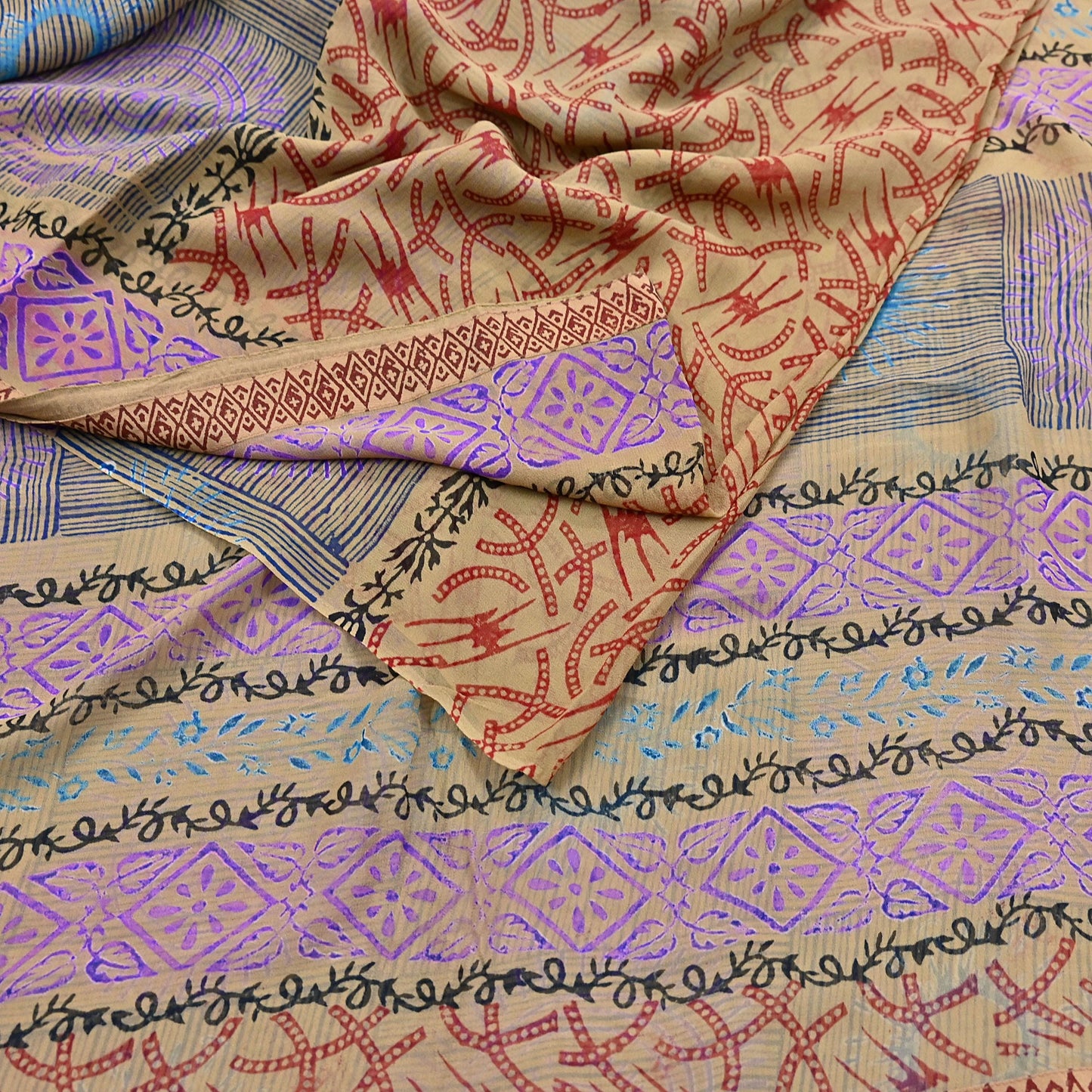 Indian Vintage Sari Beige Pure Georgette Silk Block Printed Sarees Craft Fabric Sewing 5Yd Soft Sari Dress Making Crafting Quilting Upcycle