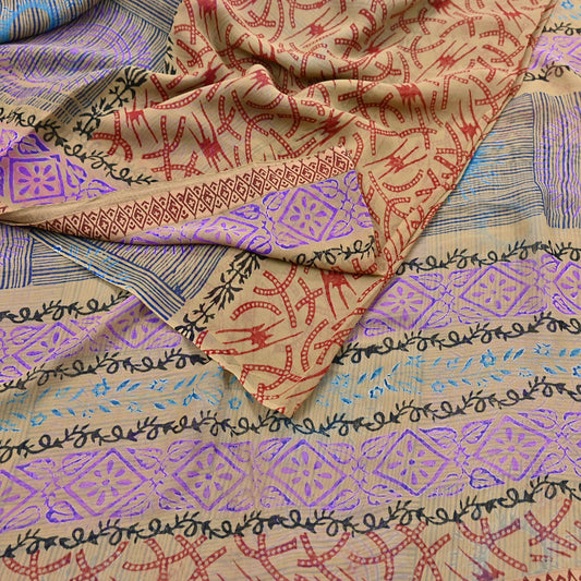 Indian Vintage Sari Beige Pure Georgette Silk Block Printed Sarees Craft Fabric Sewing 5Yd Soft Sari Dress Making Crafting Quilting Upcycle