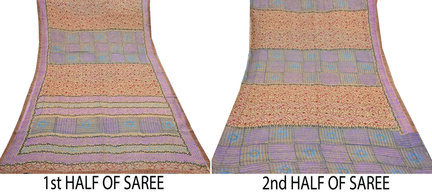 Indian Vintage Sari Beige Pure Georgette Silk Block Printed Sarees Craft Fabric Sewing 5Yd Soft Sari Dress Making Crafting Quilting Upcycle