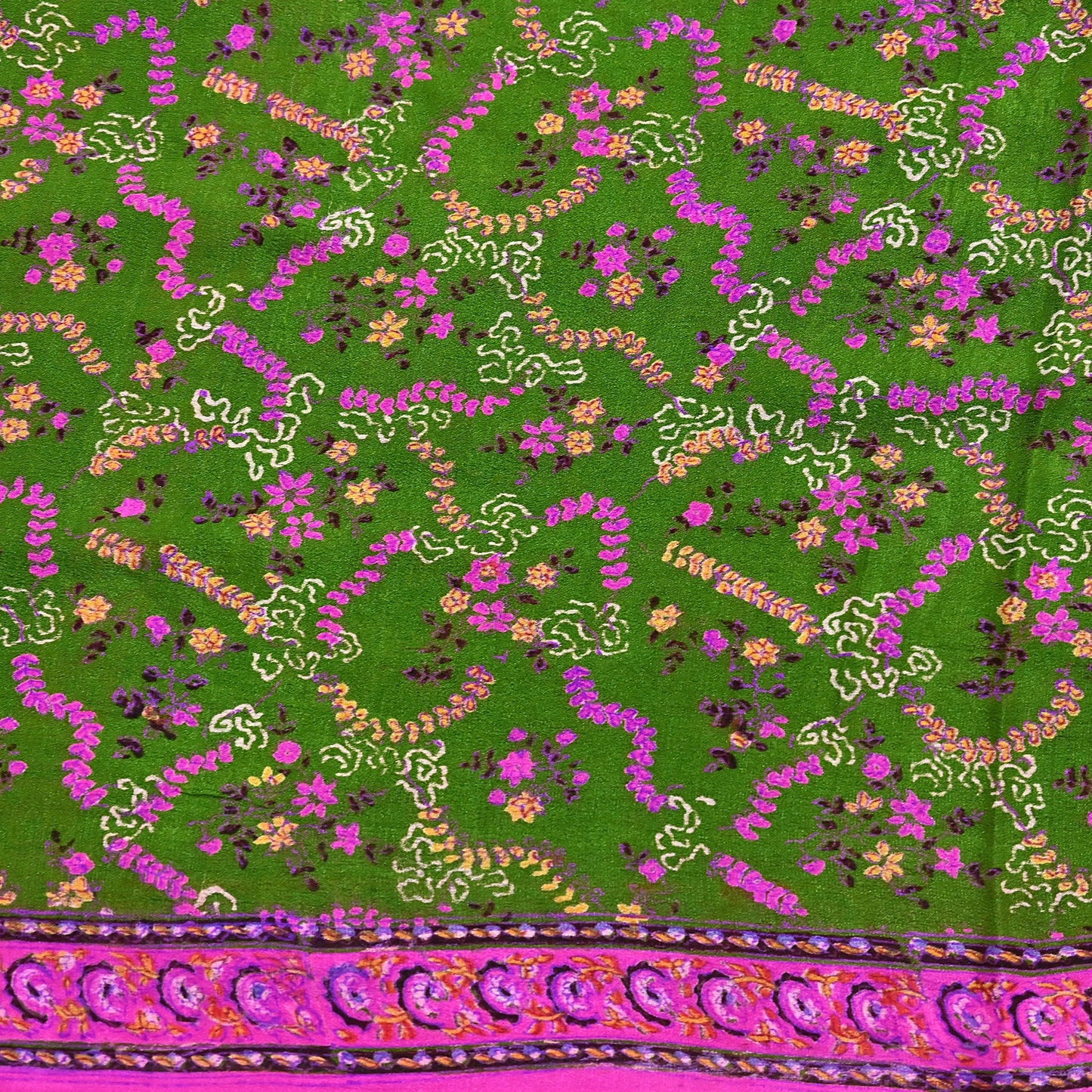 Vintage Indian Pure Silk Saree Fabric Pink & Green Floral Print, 6yd craft fabric quilting crafting dres making