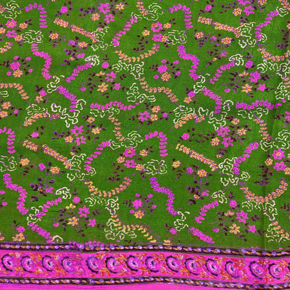 Vintage Indian Pure Silk Saree Fabric Pink & Green Floral Print, 6yd craft fabric quilting crafting dres making