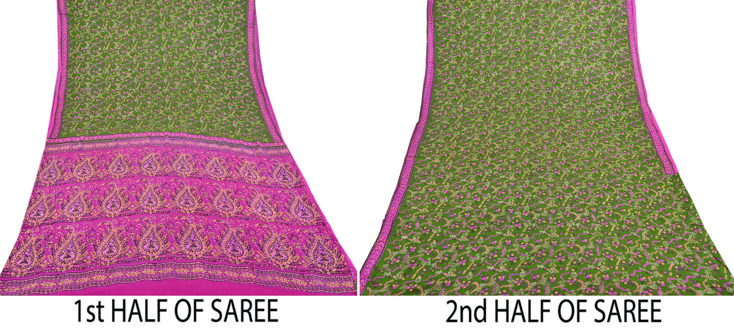 Vintage Indian Pure Silk Saree Fabric Pink & Green Floral Print, 6yd craft fabric quilting crafting dres making