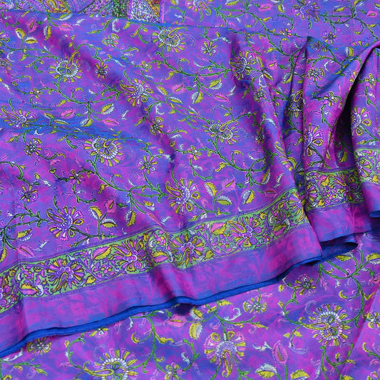 Indian Vintage Purple Pure Silk Printed Saree 5Yards Soft Floral Fabric for Dressmaking, Quilting, Crafting, Sewing & Upcycling