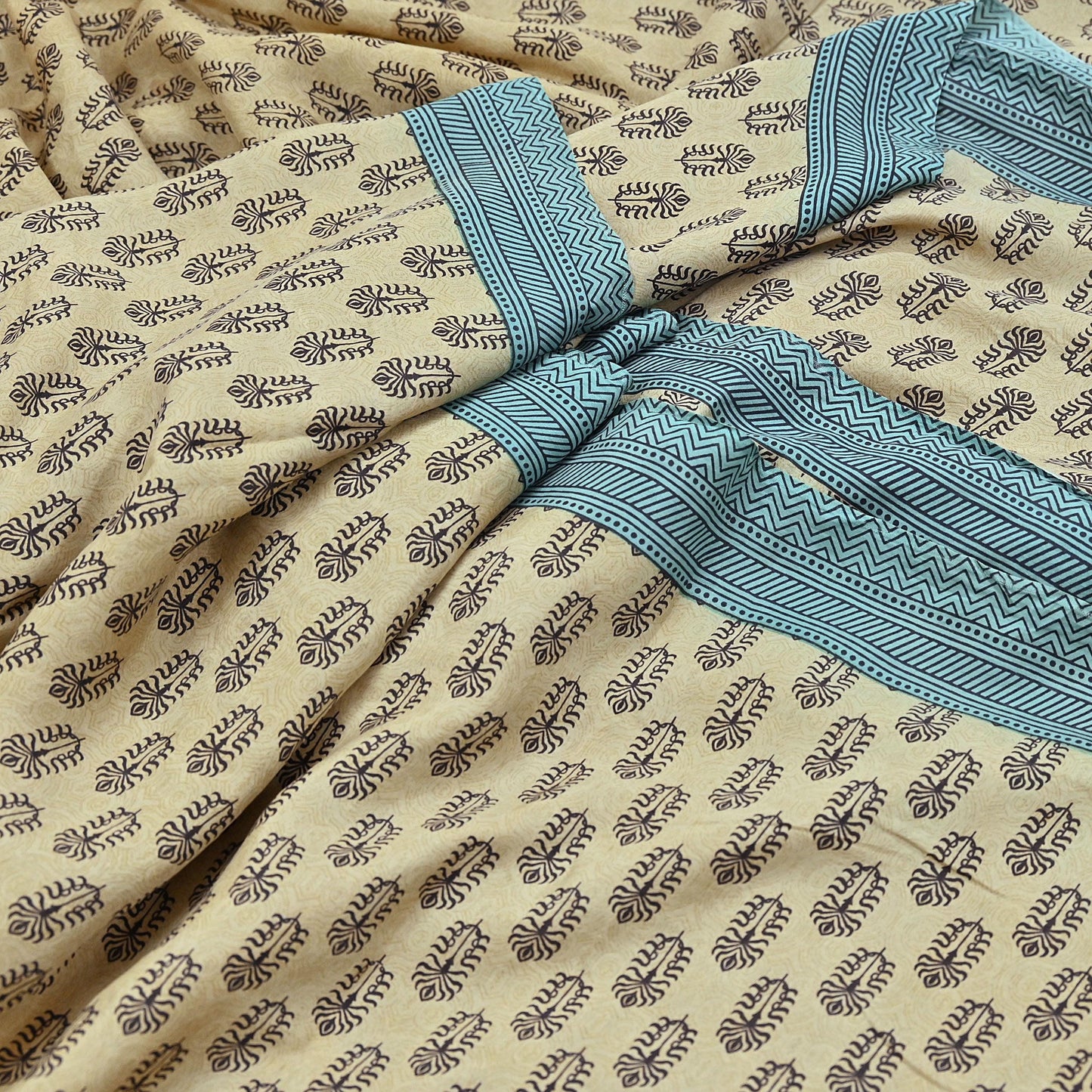 Indian Vintage Beige & Green Saree Pure Silk Printed Indian Sari Fabric 5yd Sewing Craft Fabric DressMaking Soft
