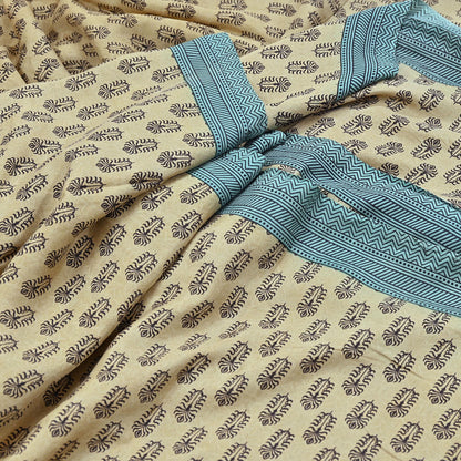 Indian Vintage Beige & Green Saree Pure Silk Printed Indian Sari Fabric 5yd Sewing Craft Fabric DressMaking Soft