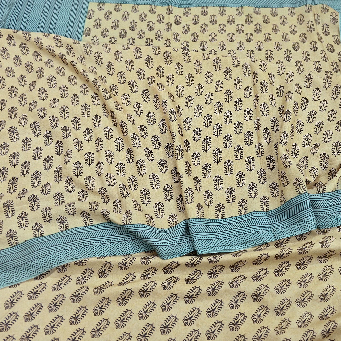 Indian Vintage Beige & Green Saree Pure Silk Printed Indian Sari Fabric 5yd Sewing Craft Fabric DressMaking Soft