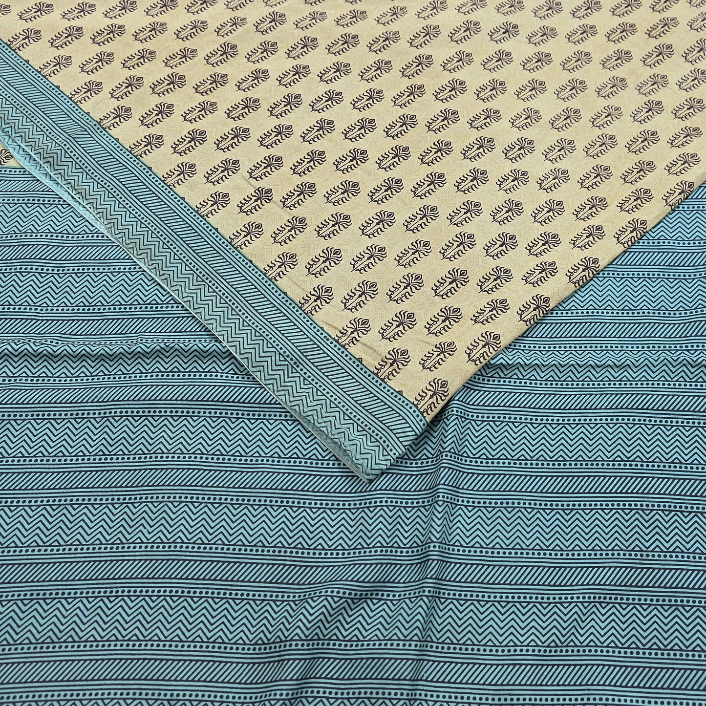 Indian Vintage Beige & Green Saree Pure Silk Printed Indian Sari Fabric 5yd Sewing Craft Fabric DressMaking Soft
