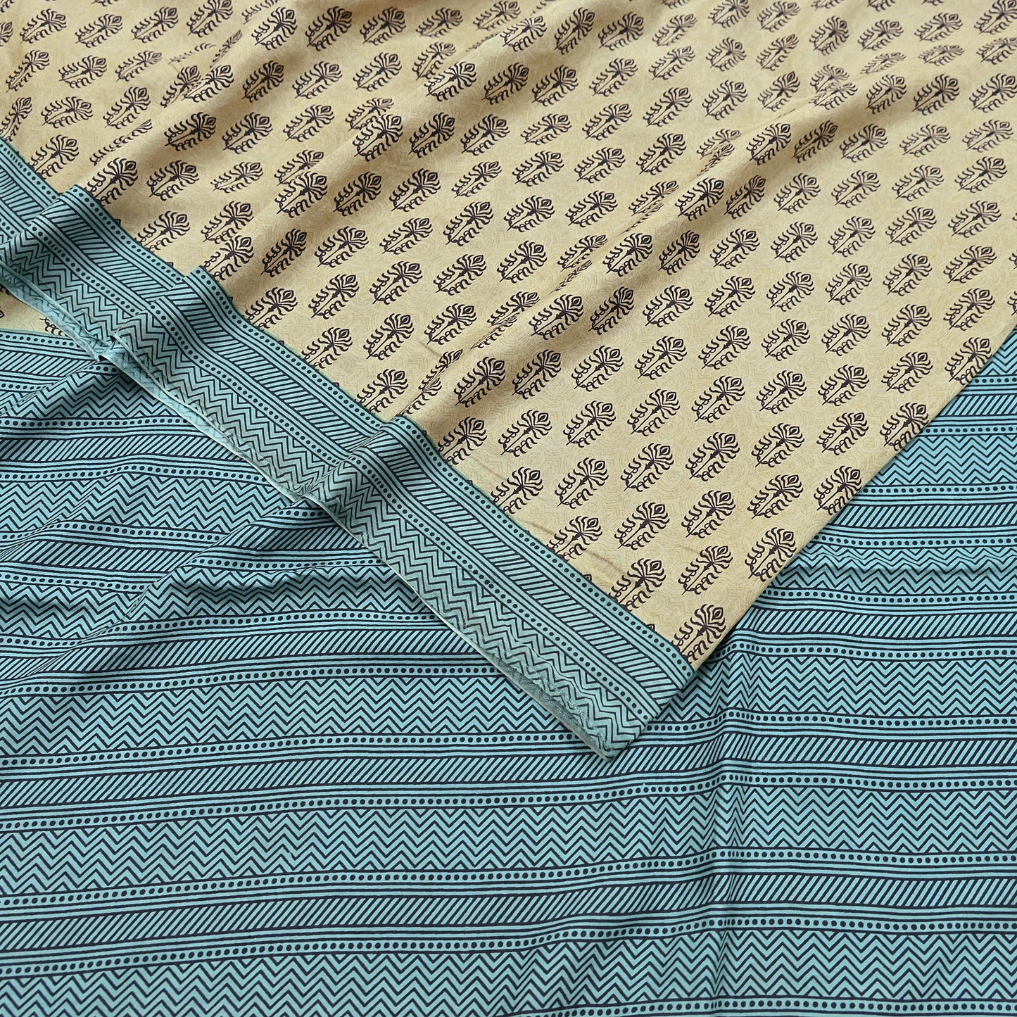 Indian Vintage Beige & Green Saree Pure Silk Printed Indian Sari Fabric 5yd Sewing Craft Fabric DressMaking Soft