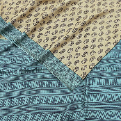 Indian Vintage Beige & Green Saree Pure Silk Printed Indian Sari Fabric 5yd Sewing Craft Fabric DressMaking Soft