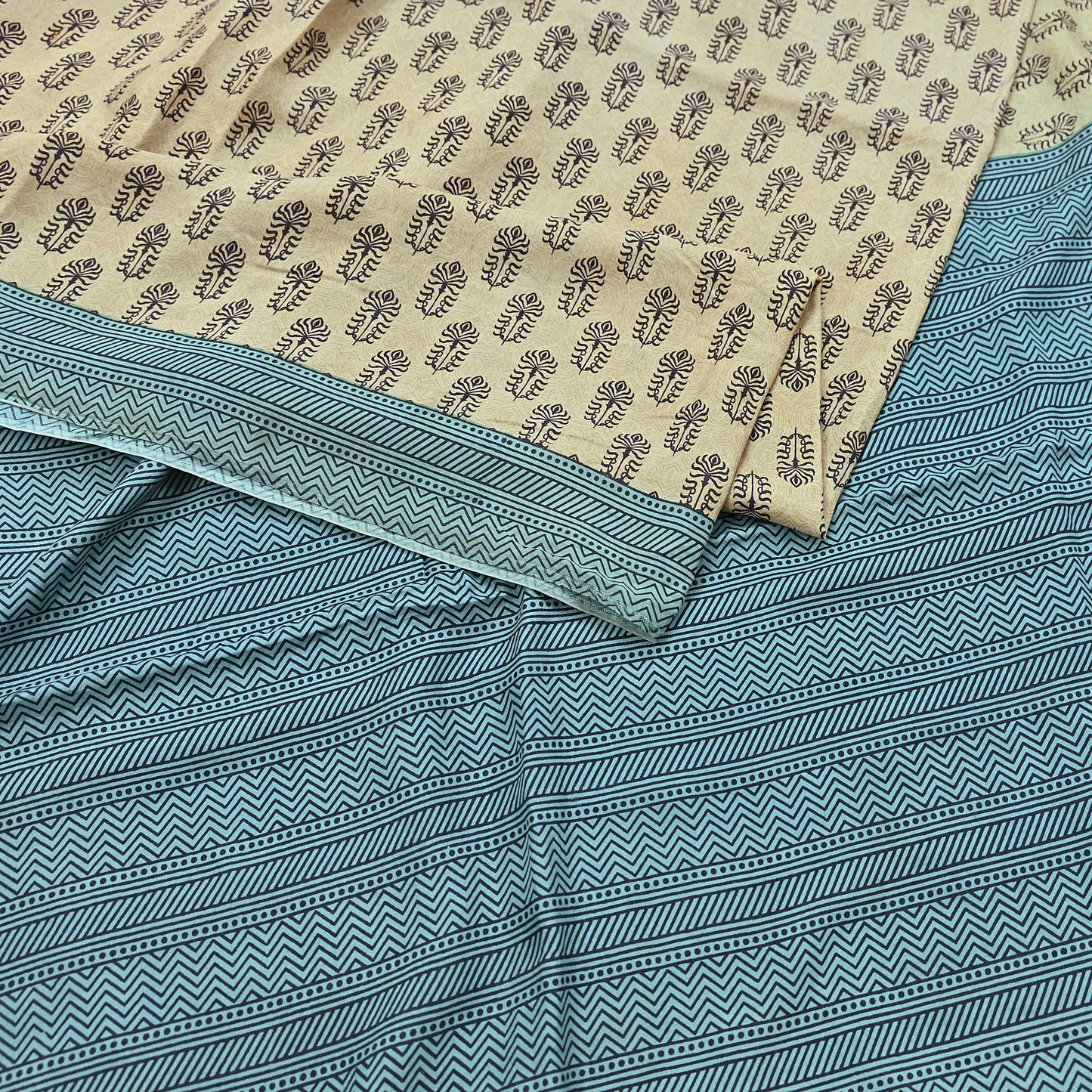Indian Vintage Beige & Green Saree Pure Silk Printed Indian Sari Fabric 5yd Sewing Craft Fabric DressMaking Soft