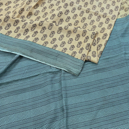 Indian Vintage Beige & Green Saree Pure Silk Printed Indian Sari Fabric 5yd Sewing Craft Fabric DressMaking Soft