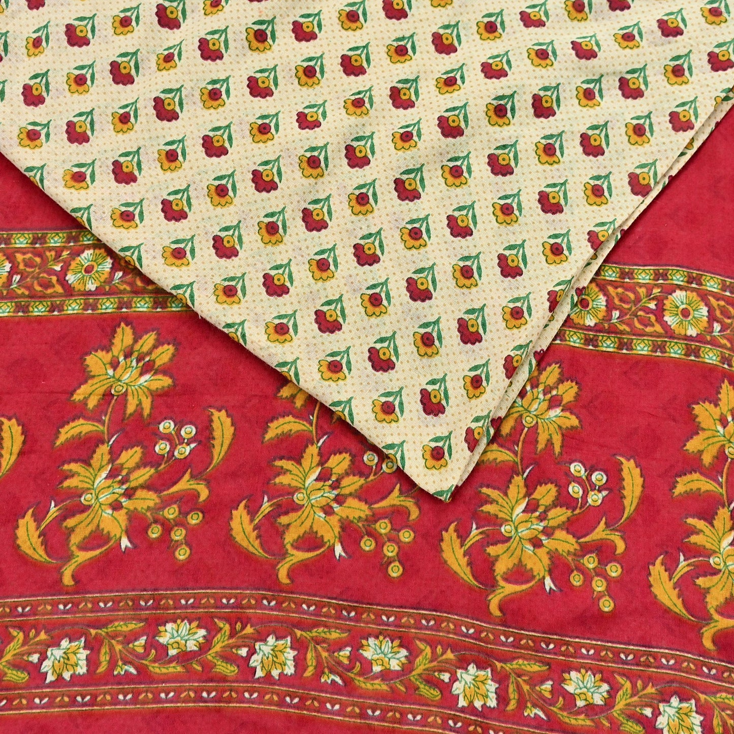 Indian Vintage Sari Red & Ivory Printed 100% Pure Cotton Sarees Craft Fabric 5Yard Sewing Sarong Wrap Boho Floral Dress making Quilting Soft