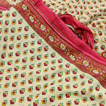 Indian Vintage Sari Red & Ivory Printed 100% Pure Cotton Sarees Craft Fabric 5Yard Sewing Sarong Wrap Boho Floral Dress making Quilting Soft