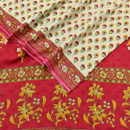 Indian Vintage Sari Red & Ivory Printed 100% Pure Cotton Sarees Craft Fabric 5Yard Sewing Sarong Wrap Boho Floral Dress making Quilting Soft