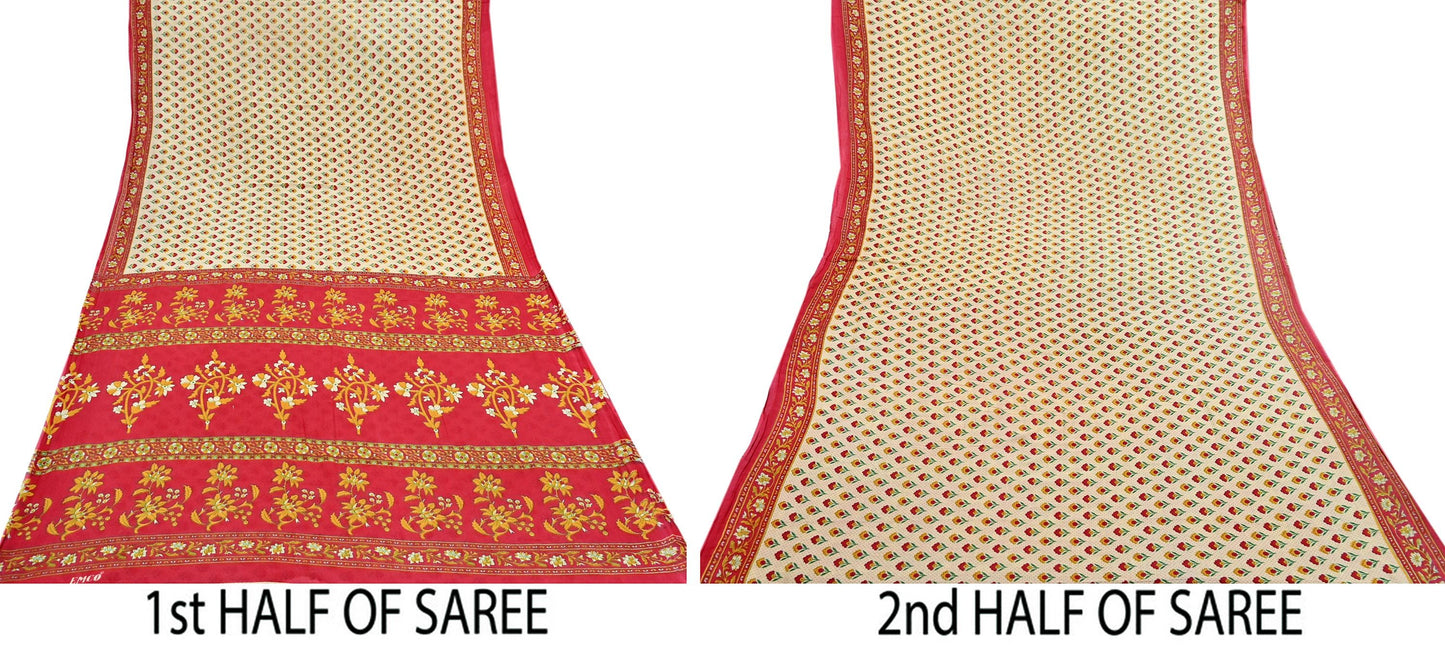 Indian Vintage Sari Red & Ivory Printed 100% Pure Cotton Sarees Craft Fabric 5Yard Sewing Sarong Wrap Boho Floral Dress making Quilting Soft