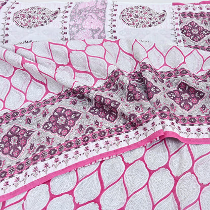 Indian Vintage Sari White & Pink Printed Pure Cotton Sarees Craft Fabric 5Yd Sewing Sarong Wrap Boho Floral Quilting Dress making