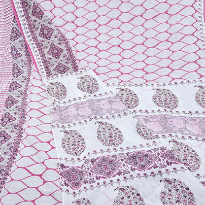 Indian Vintage Sari White & Pink Printed Pure Cotton Sarees Craft Fabric 5Yd Sewing Sarong Wrap Boho Floral Quilting Dress making