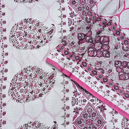 Indian Vintage Sari White & Pink Printed Pure Cotton Sarees Craft Fabric 5Yd Sewing Sarong Wrap Boho Floral Quilting Dress making