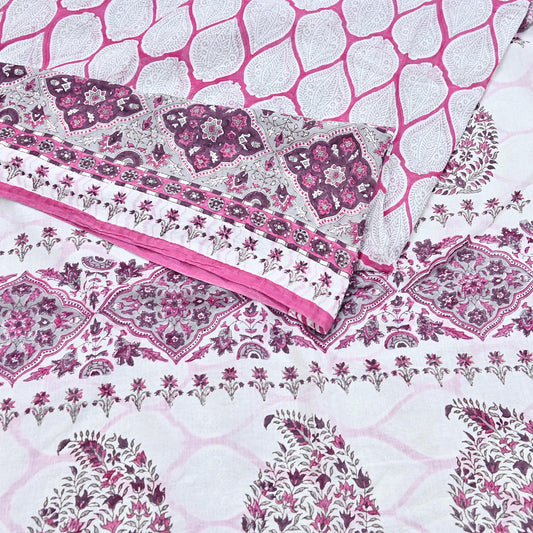 Indian Vintage Sari White & Pink Printed Pure Cotton Sarees Craft Fabric 5Yd Sewing Sarong Wrap Boho Floral Quilting Dress making