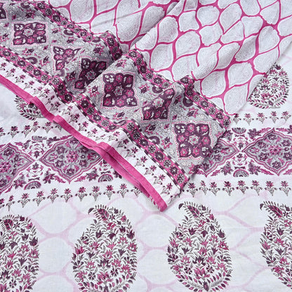 Indian Vintage Sari White & Pink Printed Pure Cotton Sarees Craft Fabric 5Yd Sewing Sarong Wrap Boho Floral Quilting Dress making