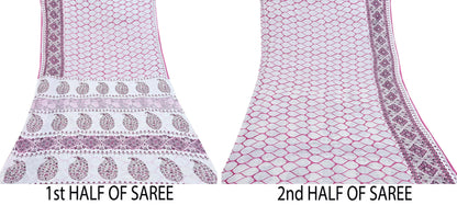 Indian Vintage Sari White & Pink Printed Pure Cotton Sarees Craft Fabric 5Yd Sewing Sarong Wrap Boho Floral Quilting Dress making