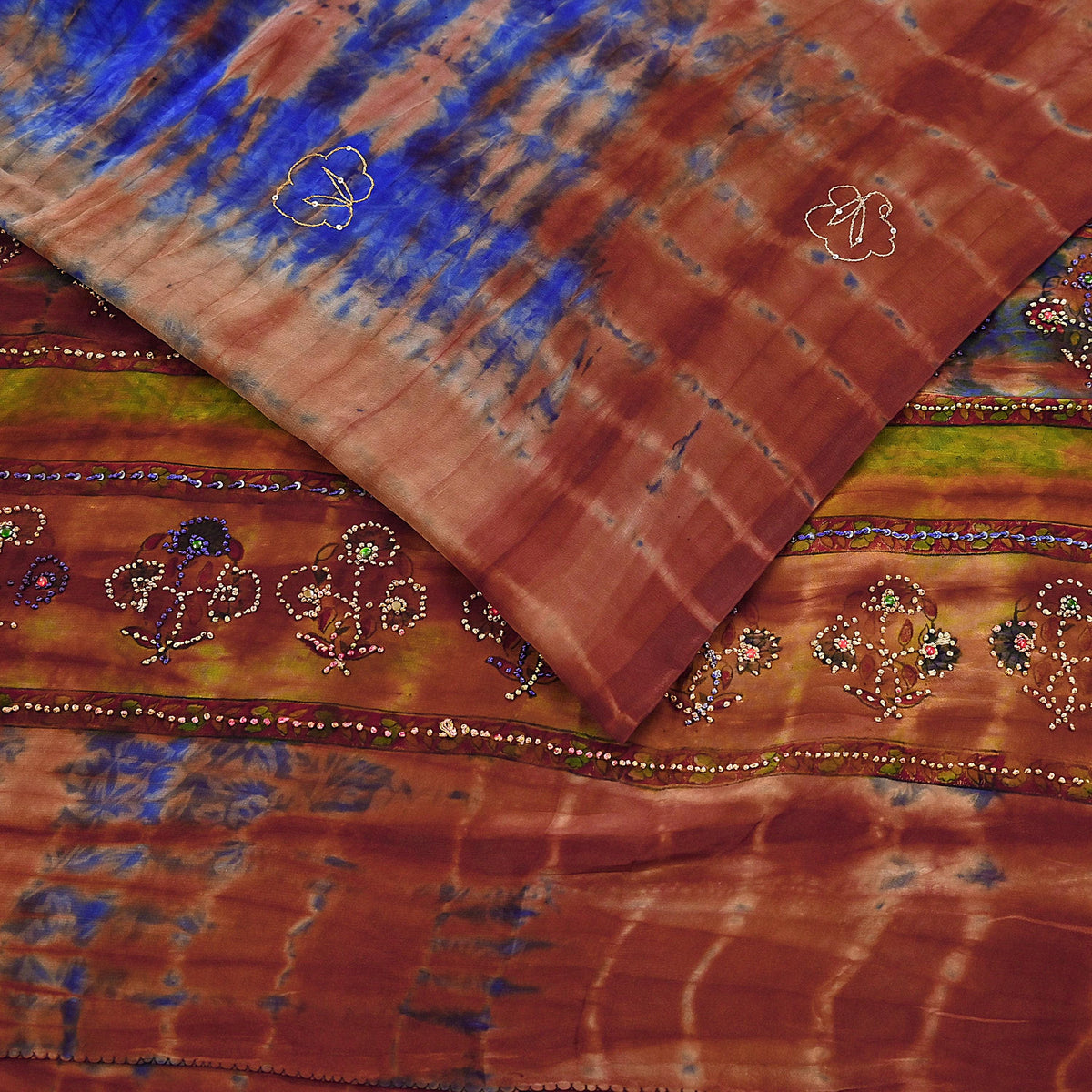Indian Vintage Saree Brown & Blue Pure Crepe Silk Tie-Dye Embroidered Sari Fabric 5yard Sewing Floral Soft Zari
