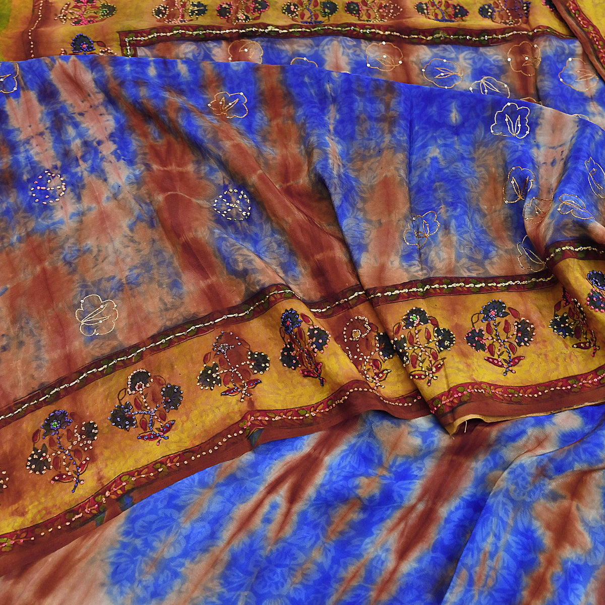 Indian Vintage Saree Brown & Blue Pure Crepe Silk Tie-Dye Embroidered Sari Fabric 5yard Sewing Floral Soft Zari