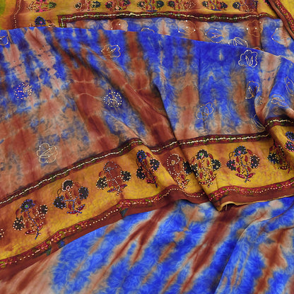 Indian Vintage Saree Brown & Blue Pure Crepe Silk Tie-Dye Embroidered Sari Fabric 5yard Sewing Floral Soft Zari
