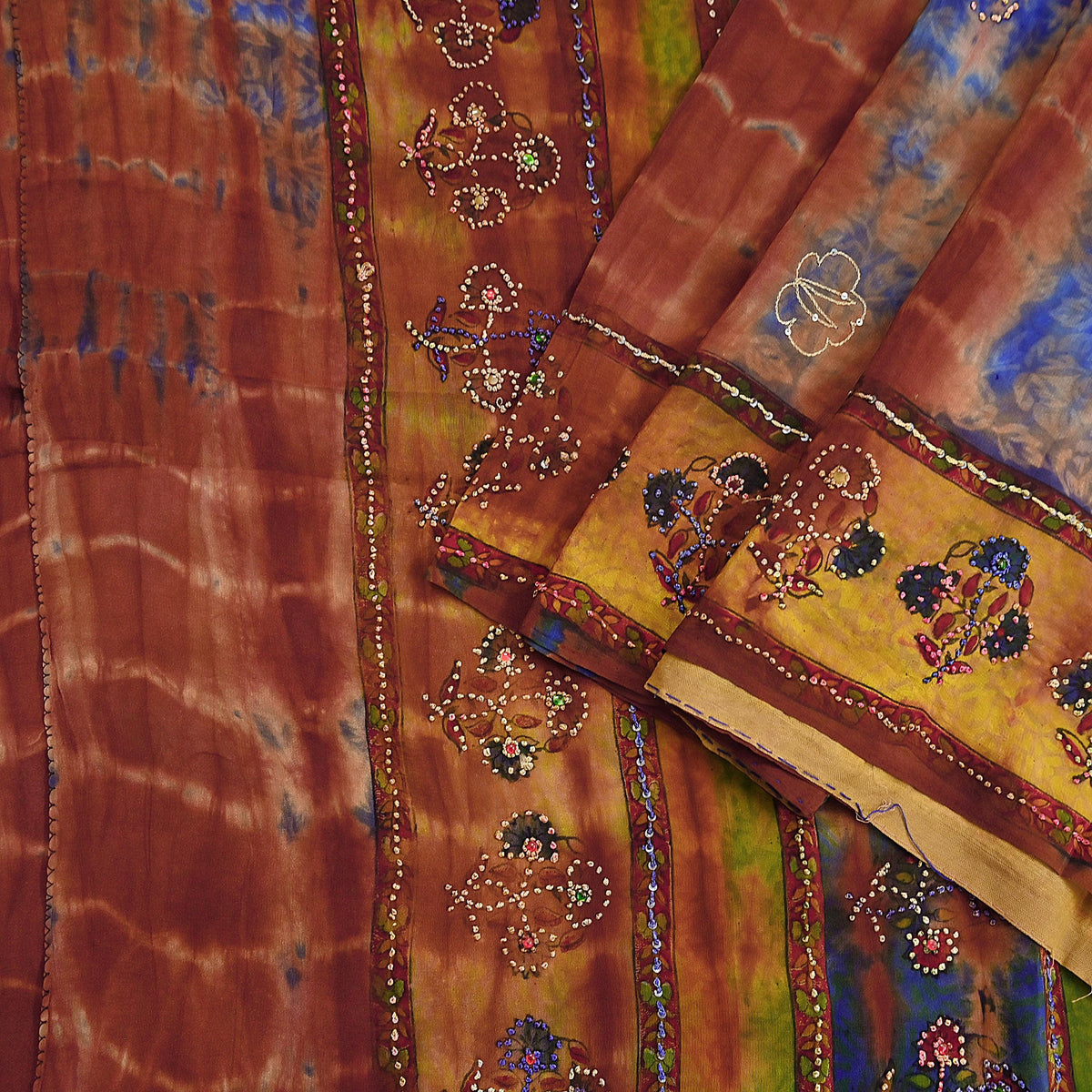 Indian Vintage Saree Brown & Blue Pure Crepe Silk Tie-Dye Embroidered Sari Fabric 5yard Sewing Floral Soft Zari
