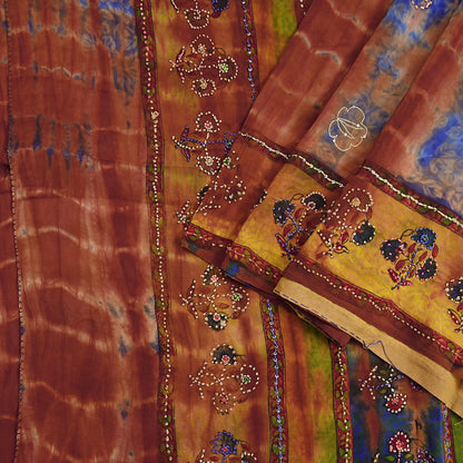 Indian Vintage Saree Brown & Blue Pure Crepe Silk Tie-Dye Embroidered Sari Fabric 5yard Sewing Floral Soft Zari