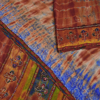 Indian Vintage Saree Brown & Blue Pure Crepe Silk Tie-Dye Embroidered Sari Fabric 5yard Sewing Floral Soft Zari