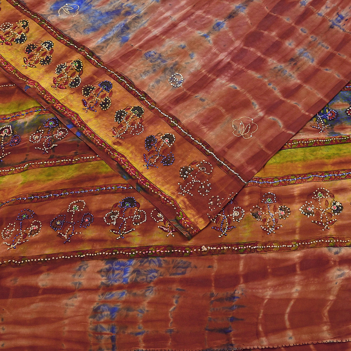Indian Vintage Saree Brown & Blue Pure Crepe Silk Tie-Dye Embroidered Sari Fabric 5yard Sewing Floral Soft Zari