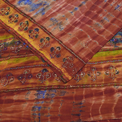Indian Vintage Saree Brown & Blue Pure Crepe Silk Tie-Dye Embroidered Sari Fabric 5yard Sewing Floral Soft Zari