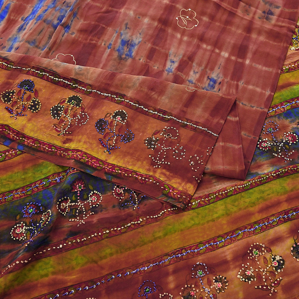 Indian Vintage Saree Brown & Blue Pure Crepe Silk Tie-Dye Embroidered Sari Fabric 5yard Sewing Floral Soft Zari