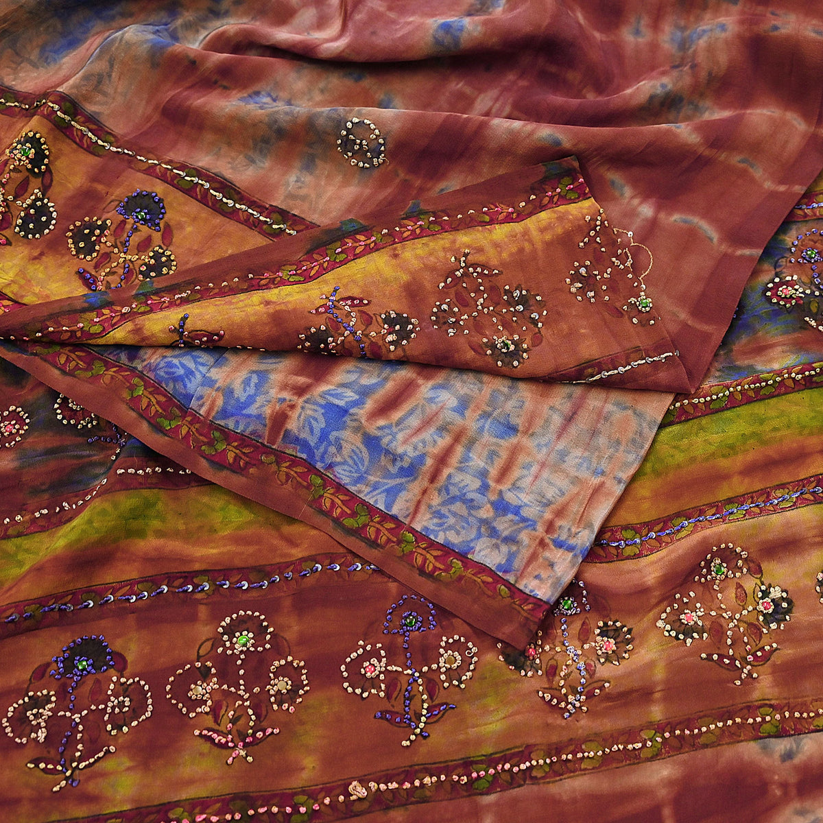 Indian Vintage Saree Brown & Blue Pure Crepe Silk Tie-Dye Embroidered Sari Fabric 5yard Sewing Floral Soft Zari