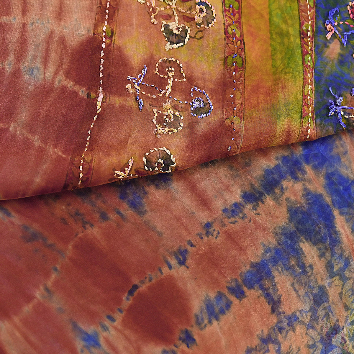 Indian Vintage Saree Brown & Blue Pure Crepe Silk Tie-Dye Embroidered Sari Fabric 5yard Sewing Floral Soft Zari