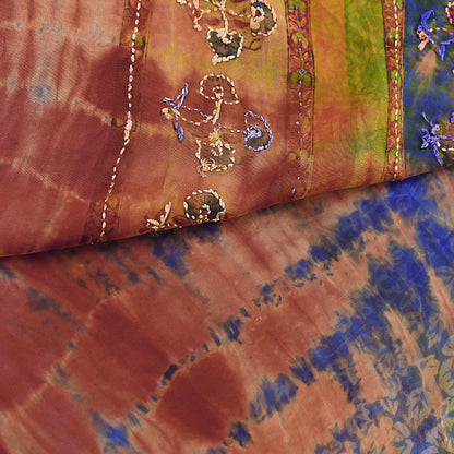 Indian Vintage Saree Brown & Blue Pure Crepe Silk Tie-Dye Embroidered Sari Fabric 5yard Sewing Floral Soft Zari