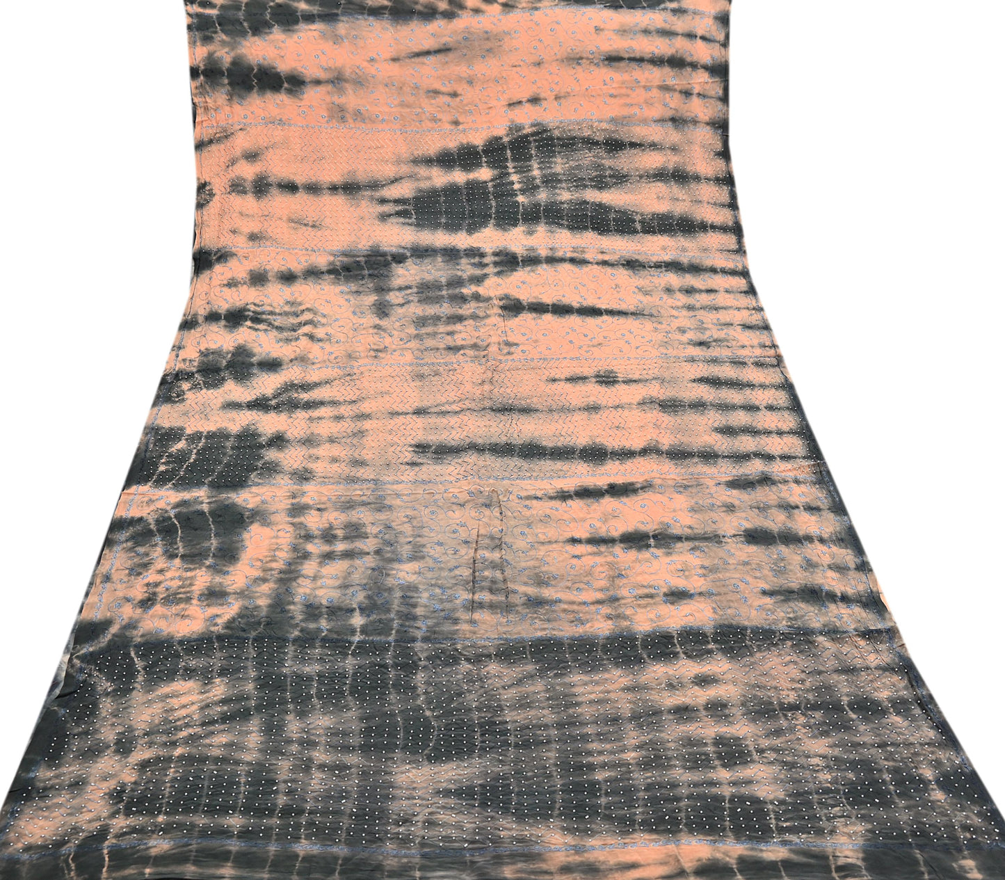 Indian Vintage Saree Peach & Black Pure Crepe Silk Hand Embroidered Tie-Dye Sari Fabric 5yard Sewing Craft Fabric Dressmaking Crafting Zari