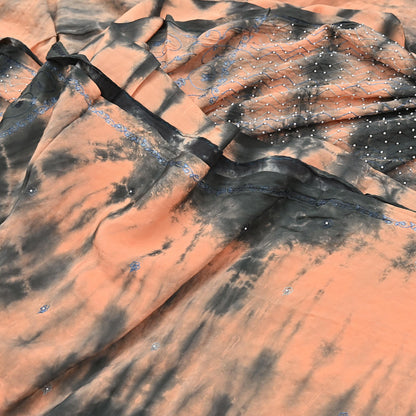 Indian Vintage Saree Peach & Black Pure Crepe Silk Hand Embroidered Tie-Dye Sari Fabric 5yard Sewing Craft Fabric Dressmaking Crafting Zari