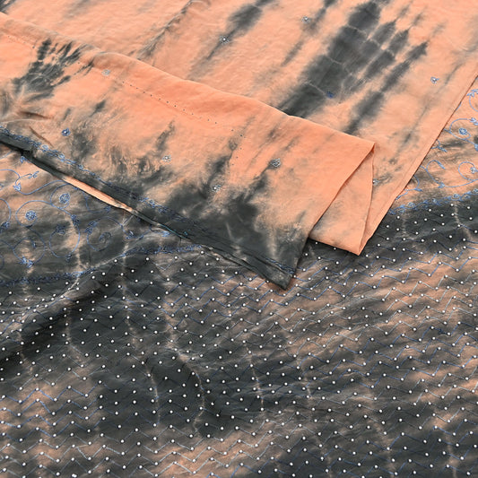 Indian Vintage Saree Peach & Black Pure Crepe Silk Hand Embroidered Tie-Dye Sari Fabric 5yard Sewing Craft Fabric Dressmaking Crafting Zari