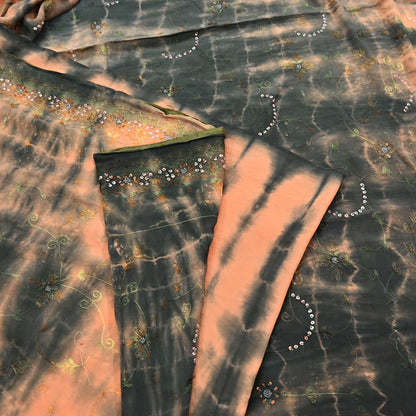 Indian Vintage Saree Peach & Black Pure Crepe Silk Hand Embroidered Tie-Dye Sari Fabric 5yard Sewing Craft Fabric Dressmaking Crafting Zari