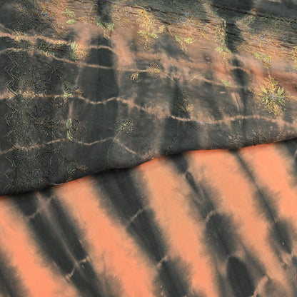 Indian Vintage Saree Peach & Black Pure Crepe Silk Hand Embroidered Tie-Dye Sari Fabric 5yard Sewing Craft Fabric Dressmaking Crafting Zari
