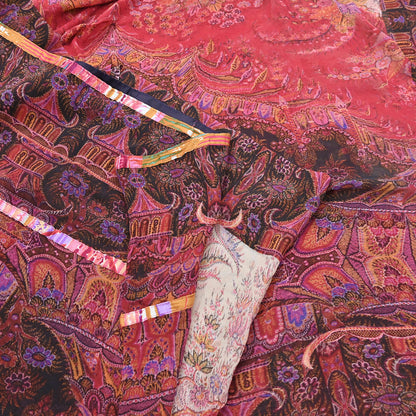 Women Vintage Sari Red Pure Georgette Silk Digital Printed Saree Craft Fabric Sewing 5Yd Dress Making Floral Crafting Quilting