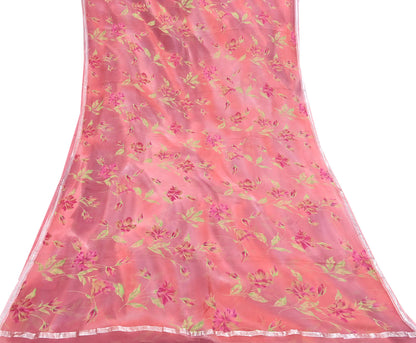 Women Vintage Sari Peach Pure Chiffon Silk Printed Sarees Craft Fabric Sewing 5Yd Soft Dress Making Crafting Quilting Upcycle Used