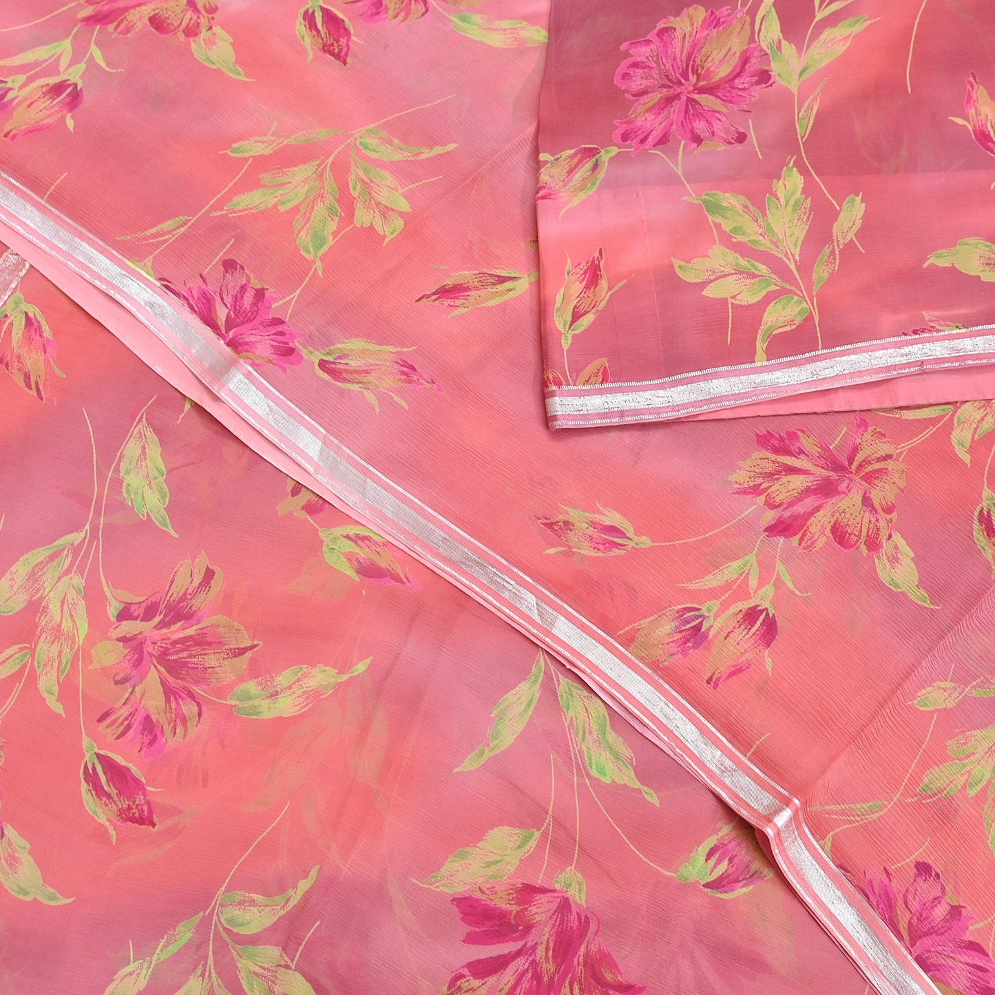 Women Vintage Sari Peach Pure Chiffon Silk Printed Sarees Craft Fabric Sewing 5Yd Soft Dress Making Crafting Quilting Upcycle Used