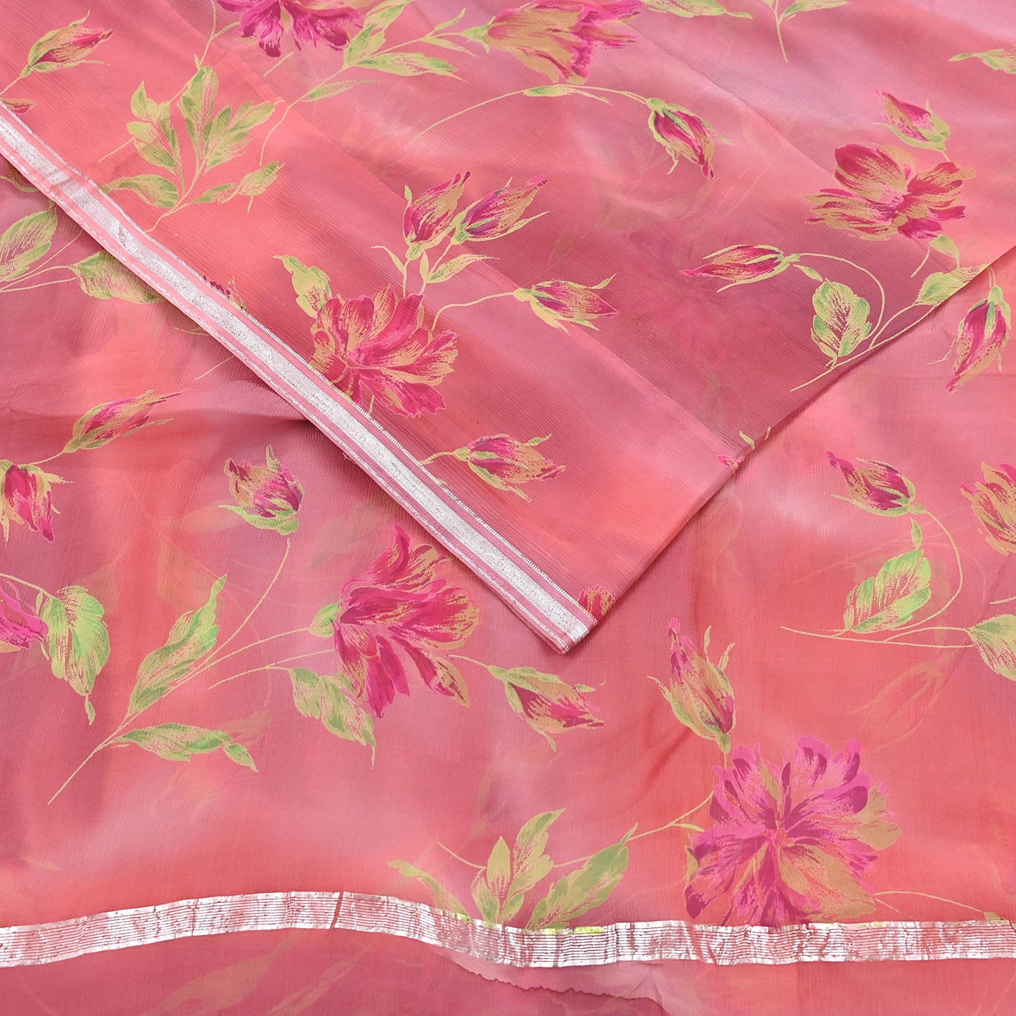 Women Vintage Sari Peach Pure Chiffon Silk Printed Sarees Craft Fabric Sewing 5Yd Soft Dress Making Crafting Quilting Upcycle Used