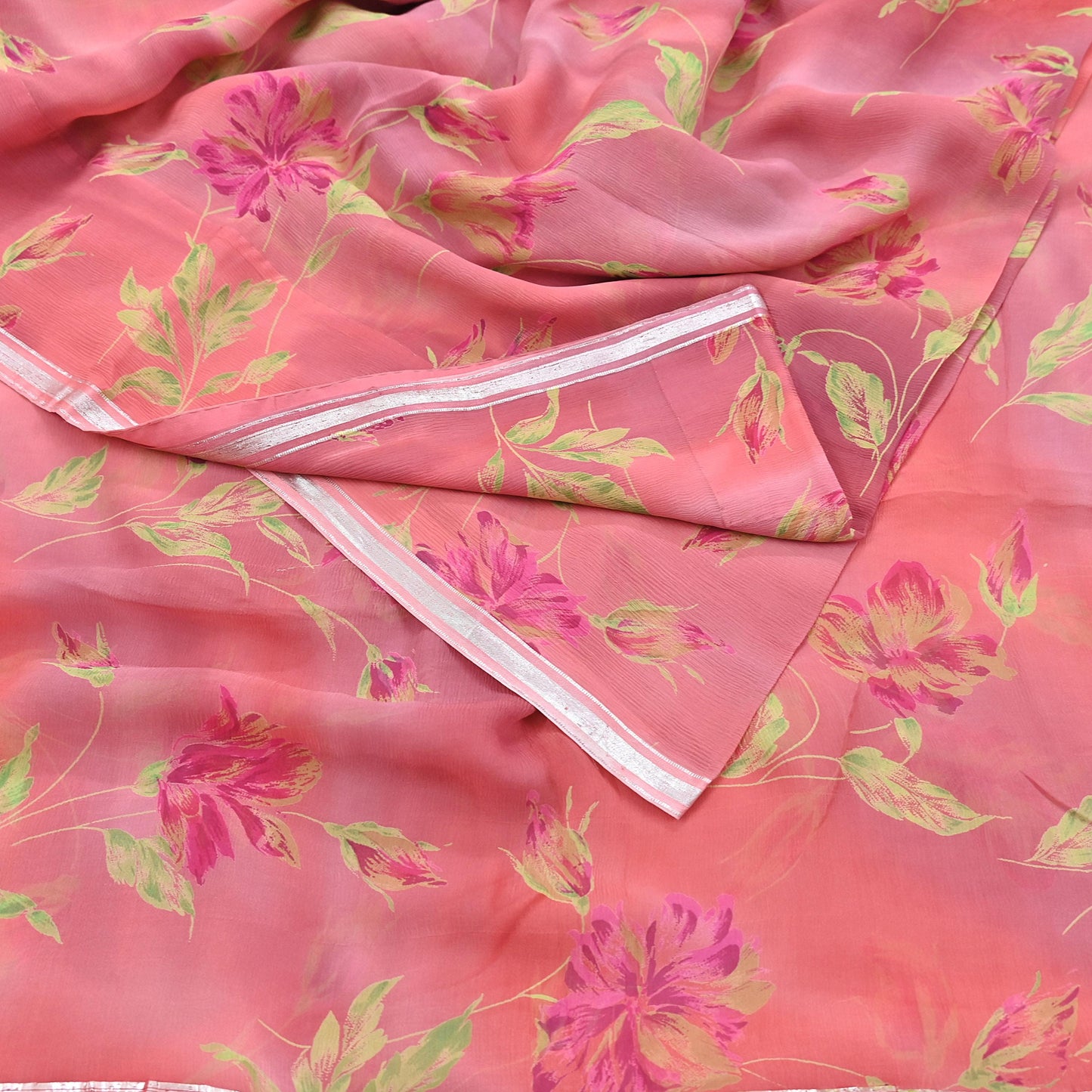 Women Vintage Sari Peach Pure Chiffon Silk Printed Sarees Craft Fabric Sewing 5Yd Soft Dress Making Crafting Quilting Upcycle Used