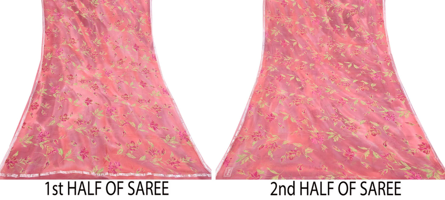 Women Vintage Sari Peach Pure Chiffon Silk Printed Sarees Craft Fabric Sewing 5Yd Soft Dress Making Crafting Quilting Upcycle Used