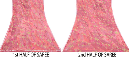 Women Vintage Sari Peach Pure Chiffon Silk Printed Sarees Craft Fabric Sewing 5Yd Soft Dress Making Crafting Quilting Upcycle Used
